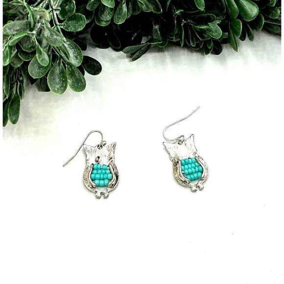 Antique Silver Tone Turquoise Beaded Owl Dangle Earrings Vintage Style Jewelry - Picture 7 of 7
